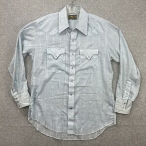 Vintage Tem Tex Shirt Mens 16.5 34 Blue Plaid Pearl Snap Western Extra Long Tail